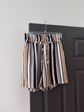 Striped High-Waist Shorts — Navy, Tan & Cream